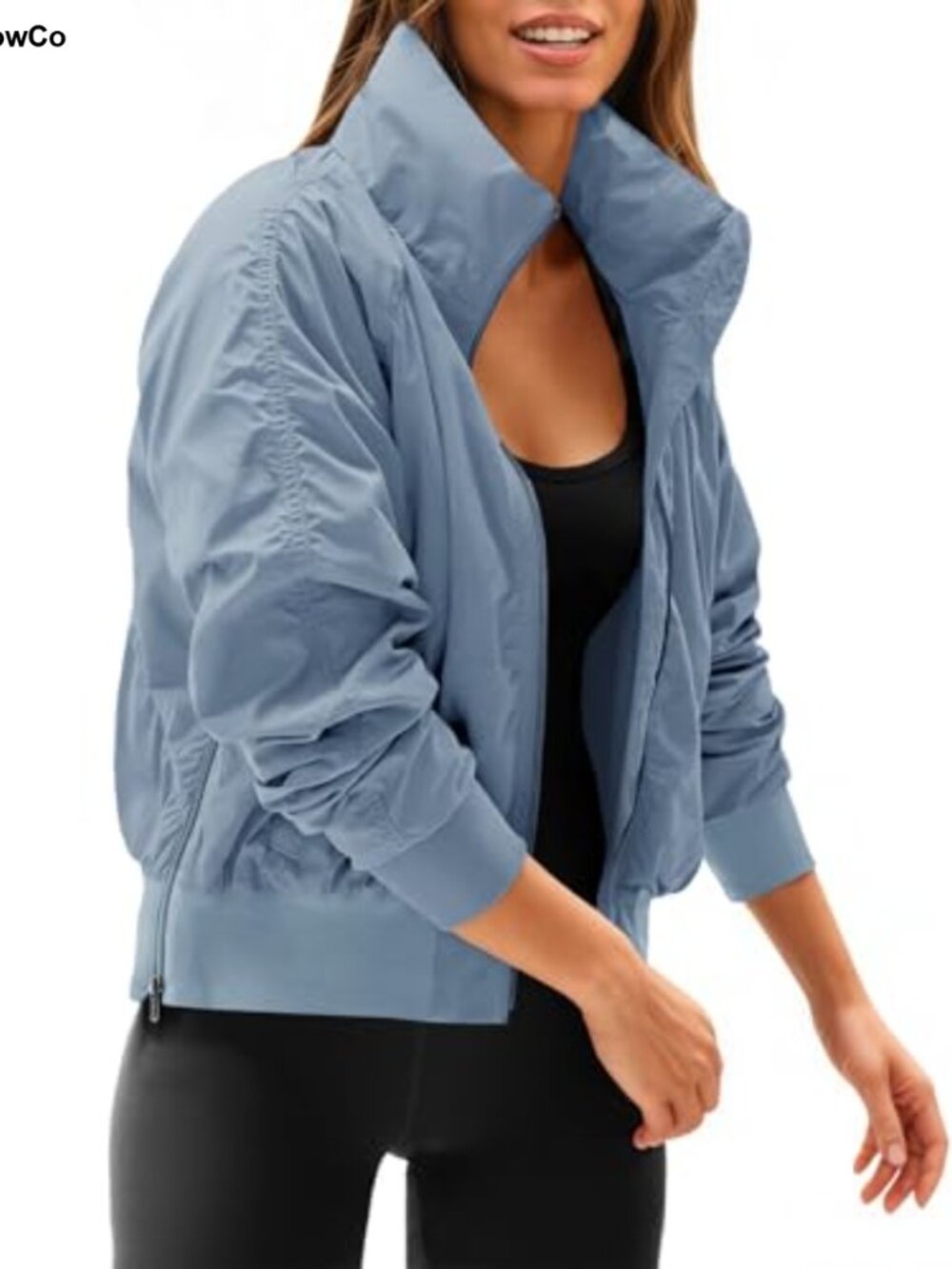 Women's Crop Windbreaker Jacket Long Sleeve Zip Up Hidden Hood Bomber with